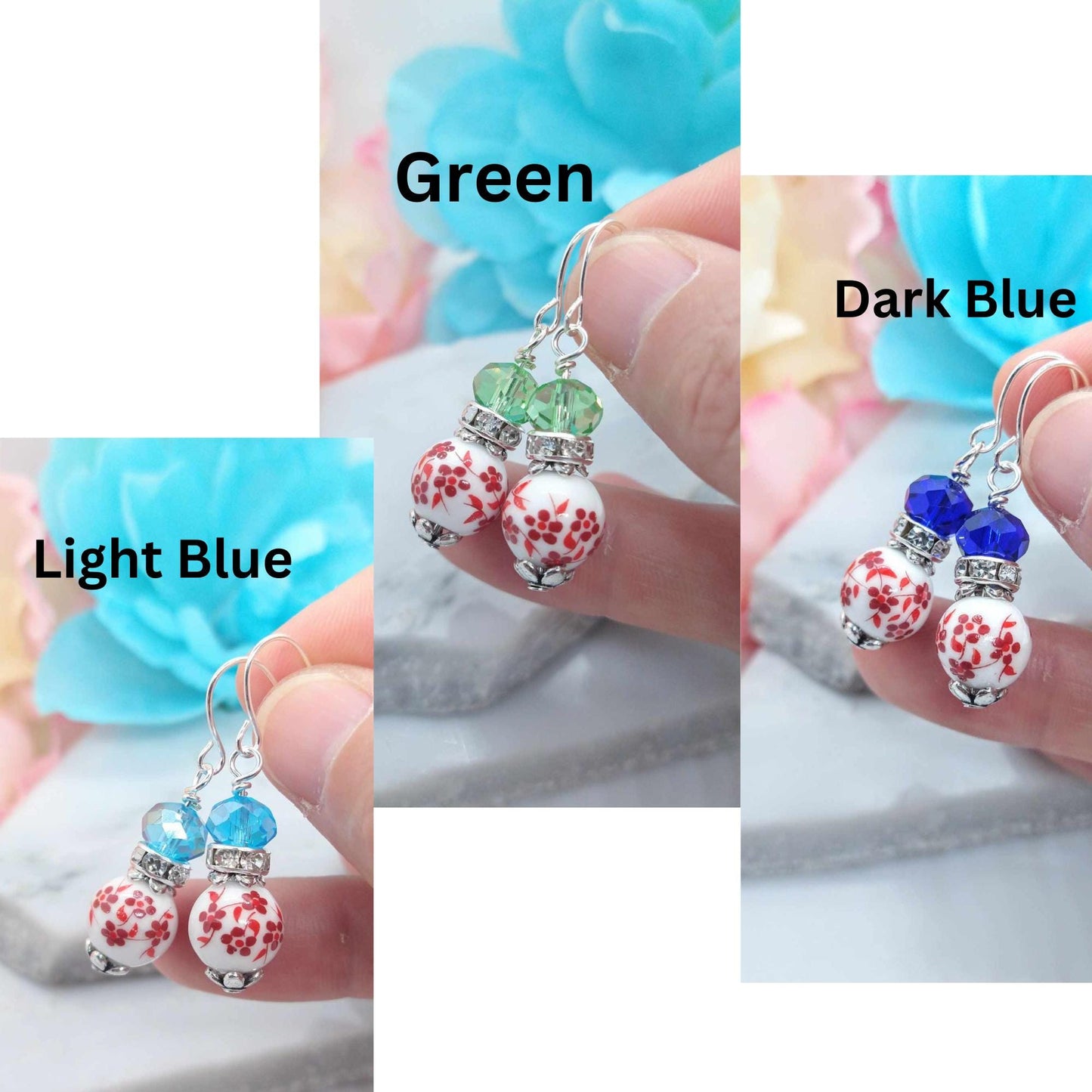 Red Floral Porcelain Earrings: Sterling Silver Flower Earrings