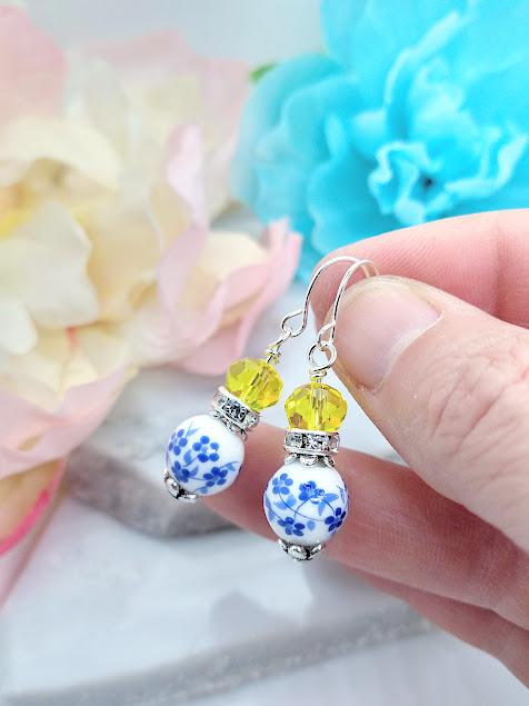 Blue Floral Dangle Earrings: Silver Plated Daisy Jewelry