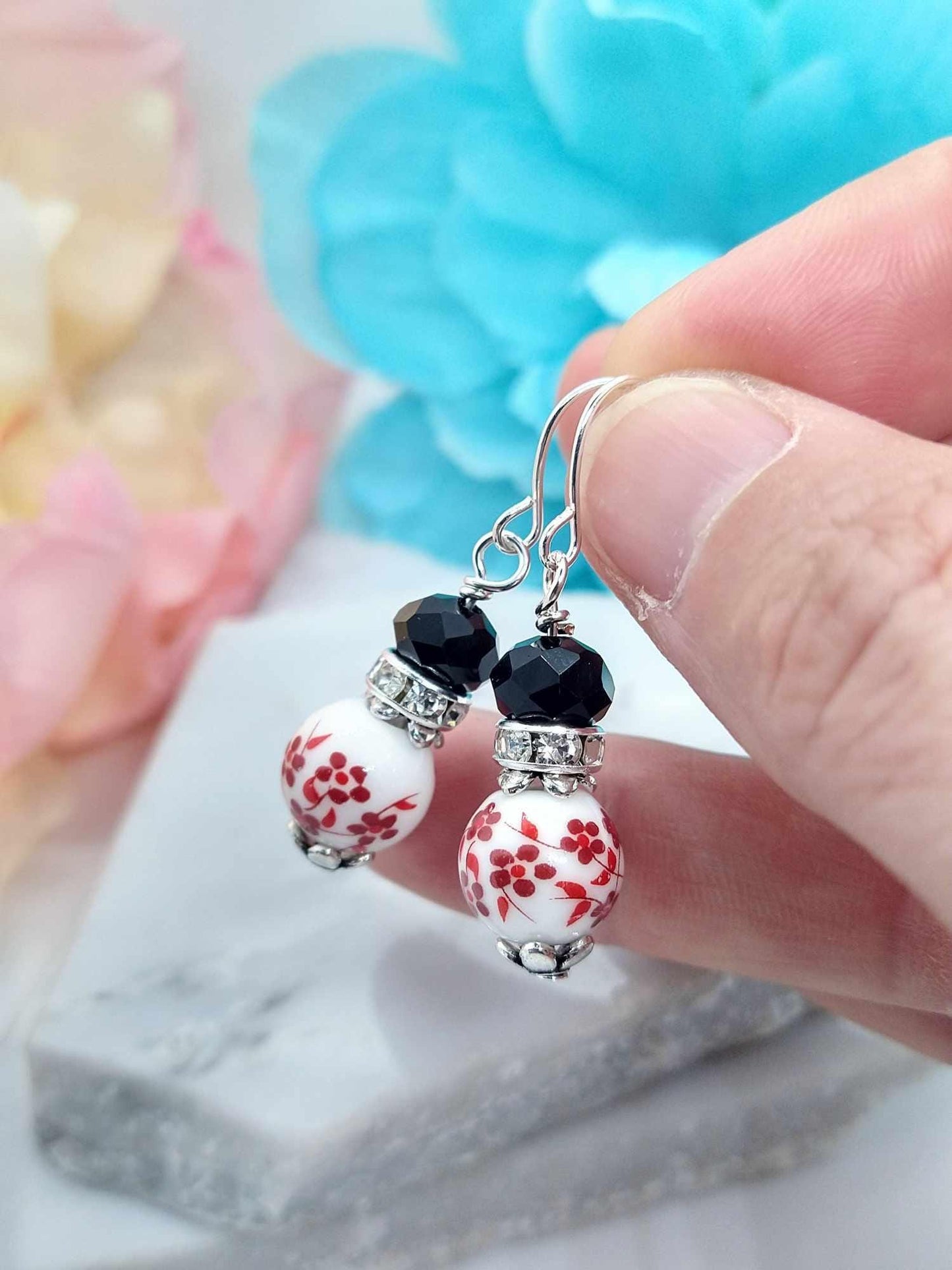 Red Floral Porcelain Earrings: Silver-Plated Cherry Blossom Jewelry