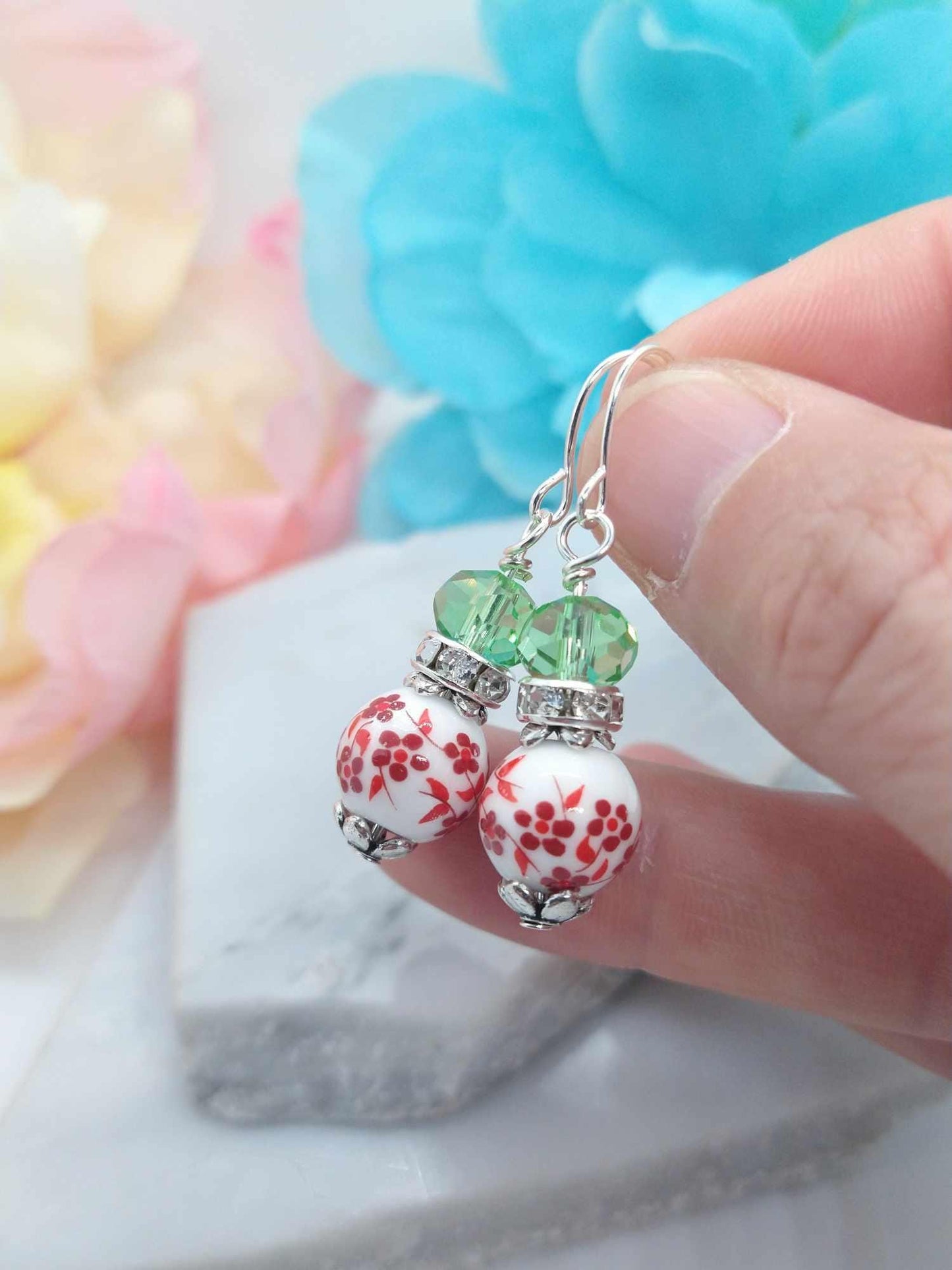 Red Floral Porcelain Earrings: Sterling Silver Cherry Blossom Jewelry