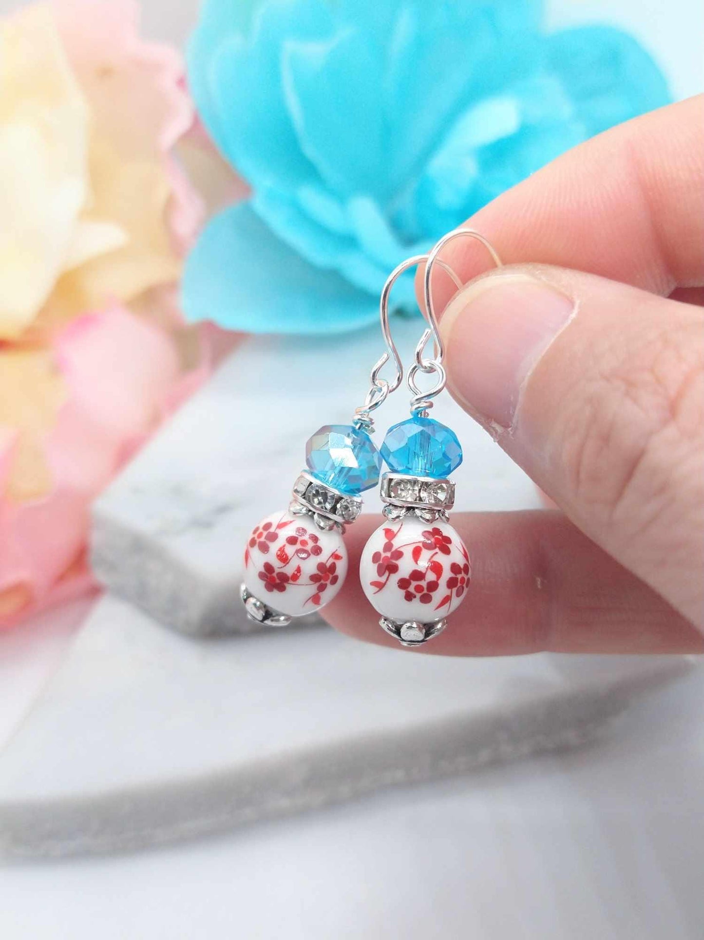 Red Flower Porcelain Earrings: Sterling Silver Floral Dangle Earrings