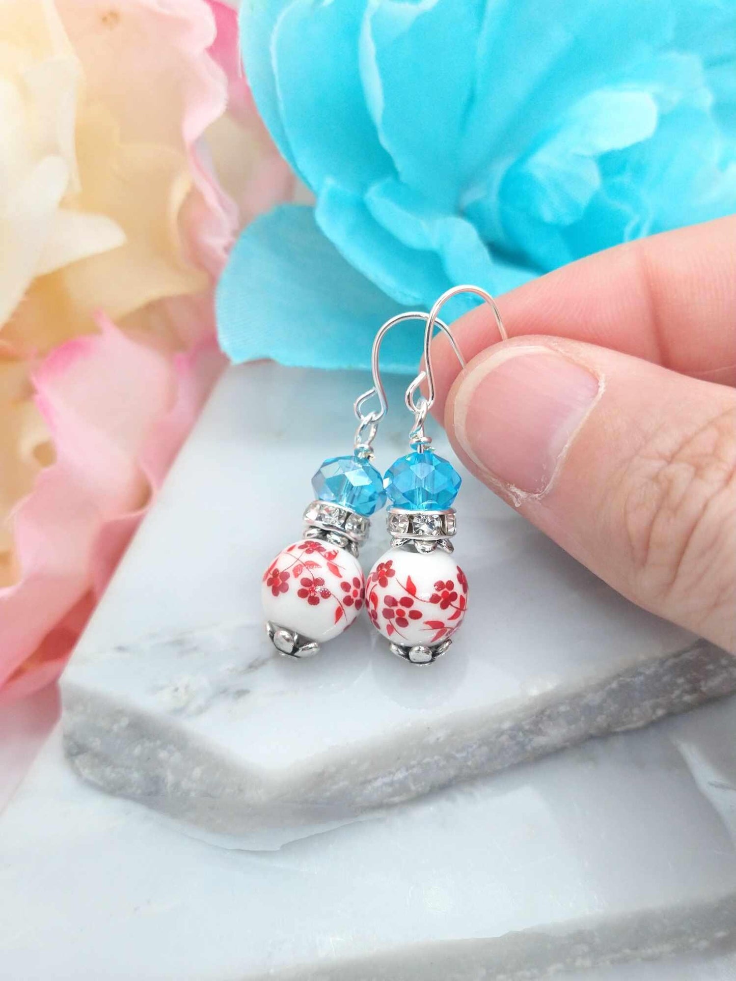 Red Flower Porcelain Earrings: Sterling Silver Floral Dangle Earrings