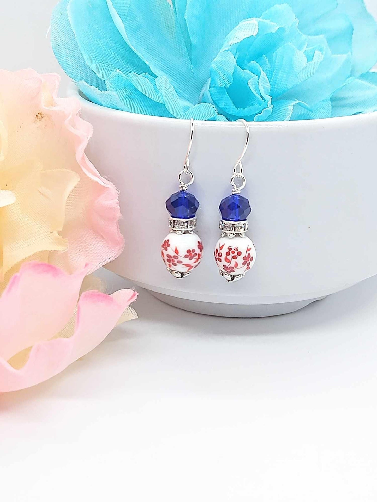 Red Floral Porcelain Earrings: Sterling Silver-Plated Dainty Jewelry