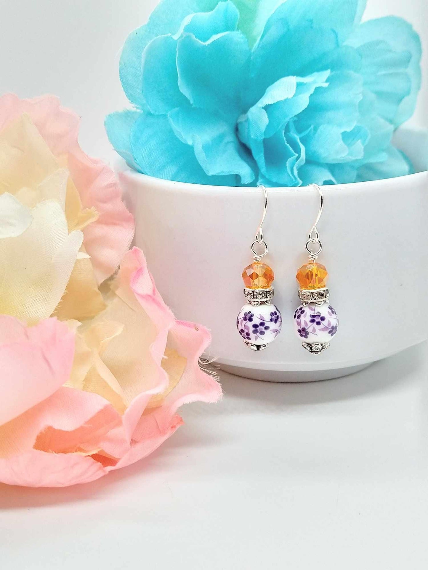 Floral Porcelain Dangle Earrings: Sterling Silver Flower Earrings