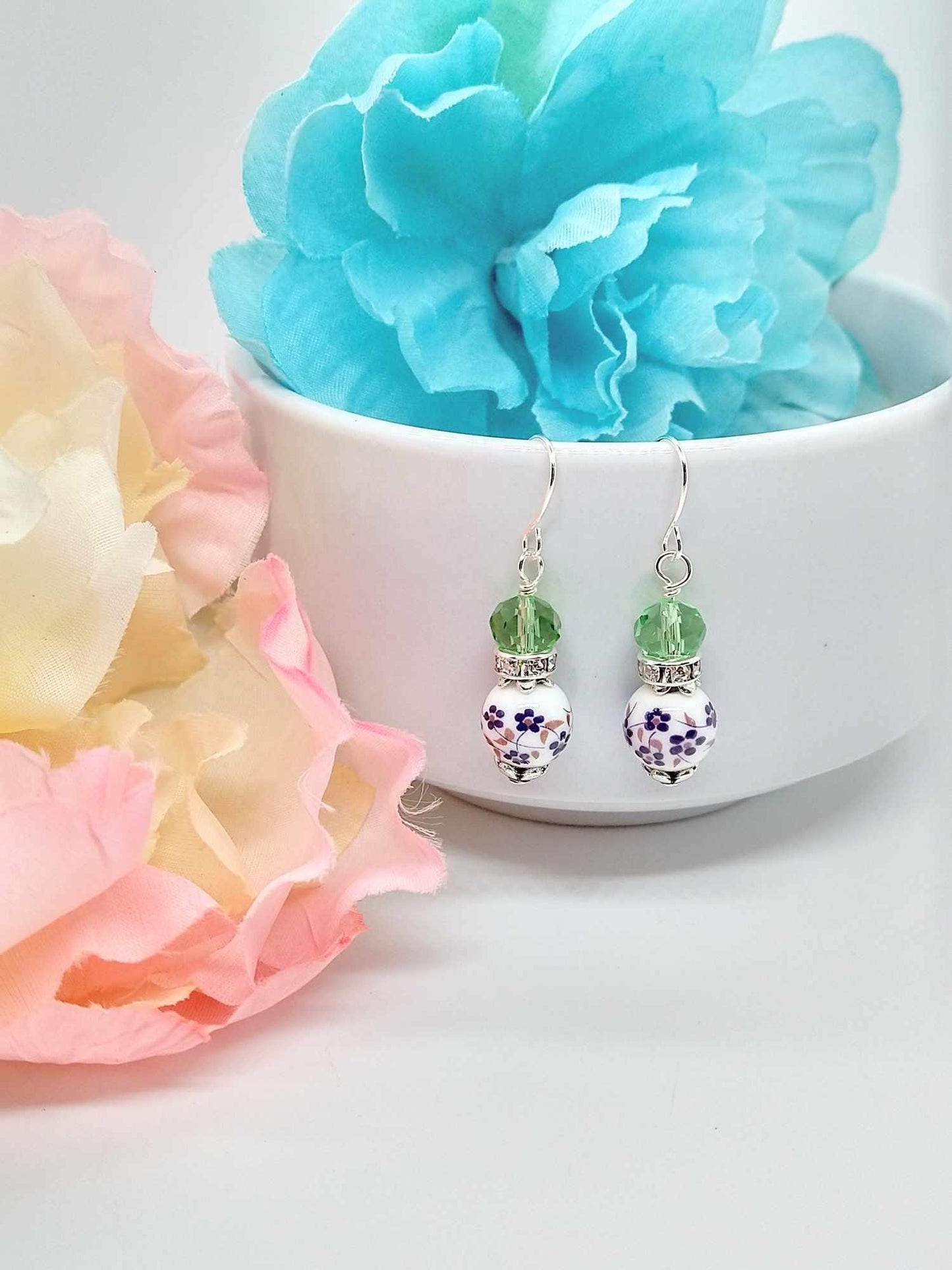 Floral Porcelain Dangle Earrings: Sterling Silver Flower Jewelry