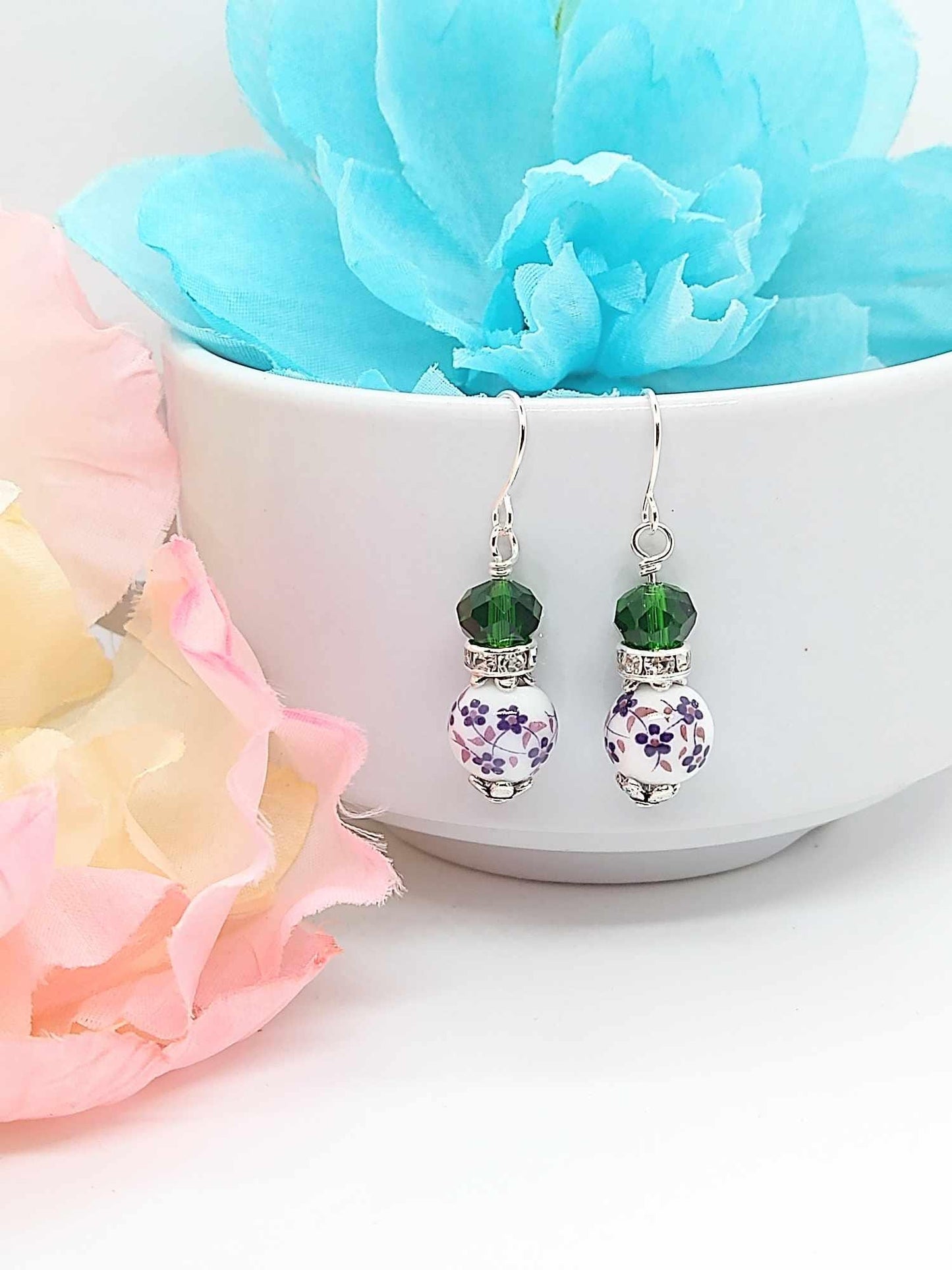 Floral Porcelain Dangle Earrings: Sterling Silver, Nature-Themed