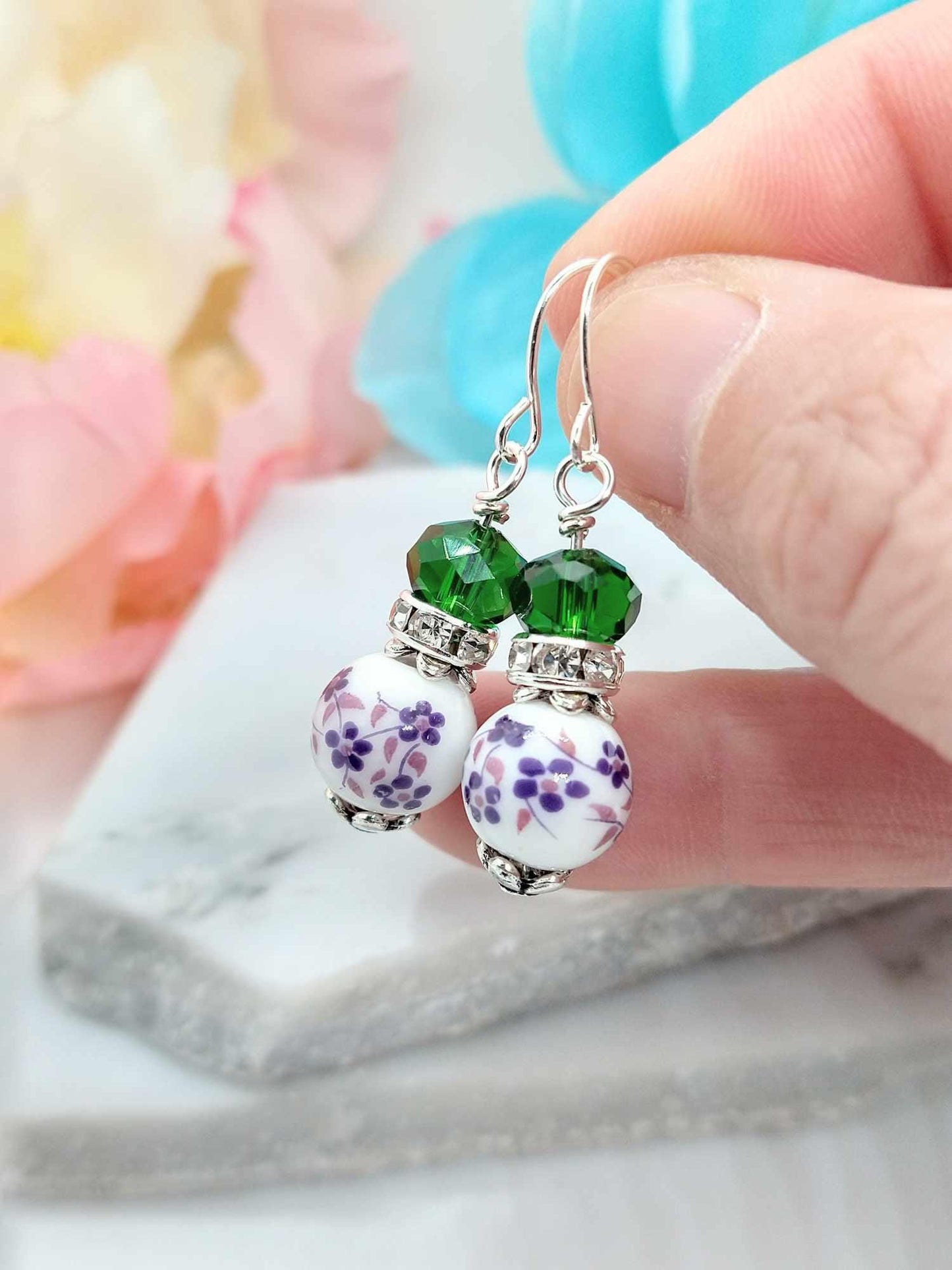 Floral Porcelain Dangle Earrings: Sterling Silver, Nature-Themed