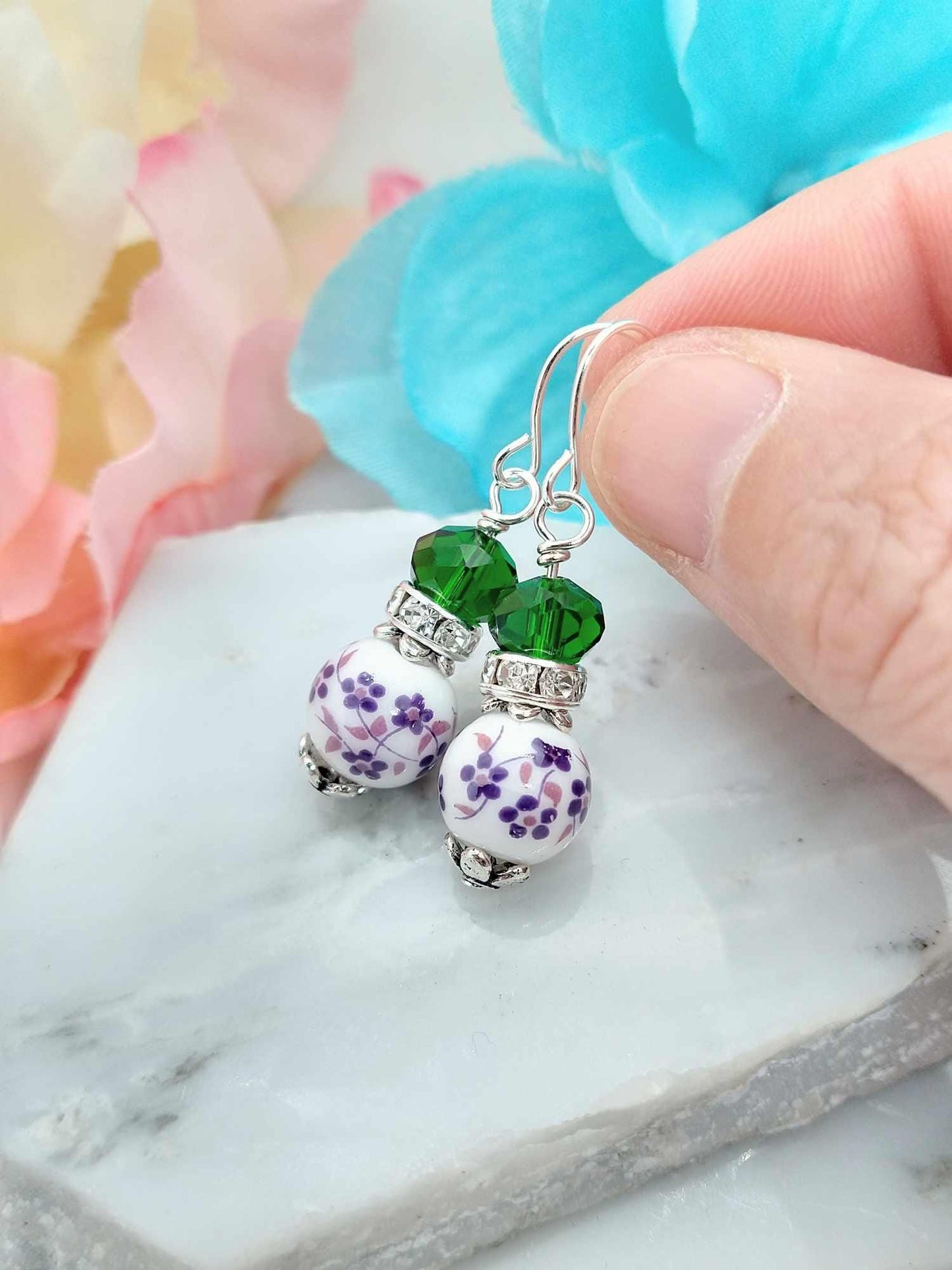 Floral Porcelain Dangle Earrings: Sterling Silver, Nature-Themed