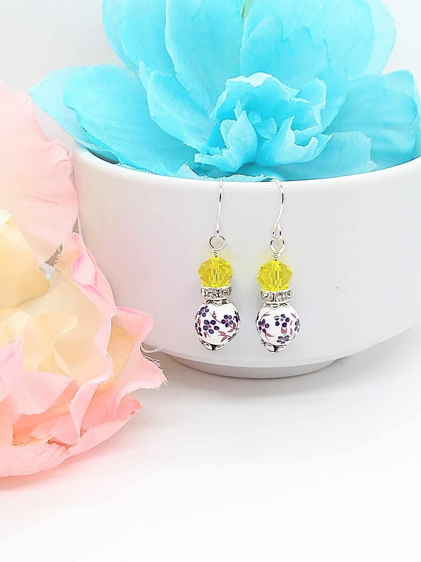 Floral Dangle Earrings: Porcelain Flower, Sterling Silver Option
