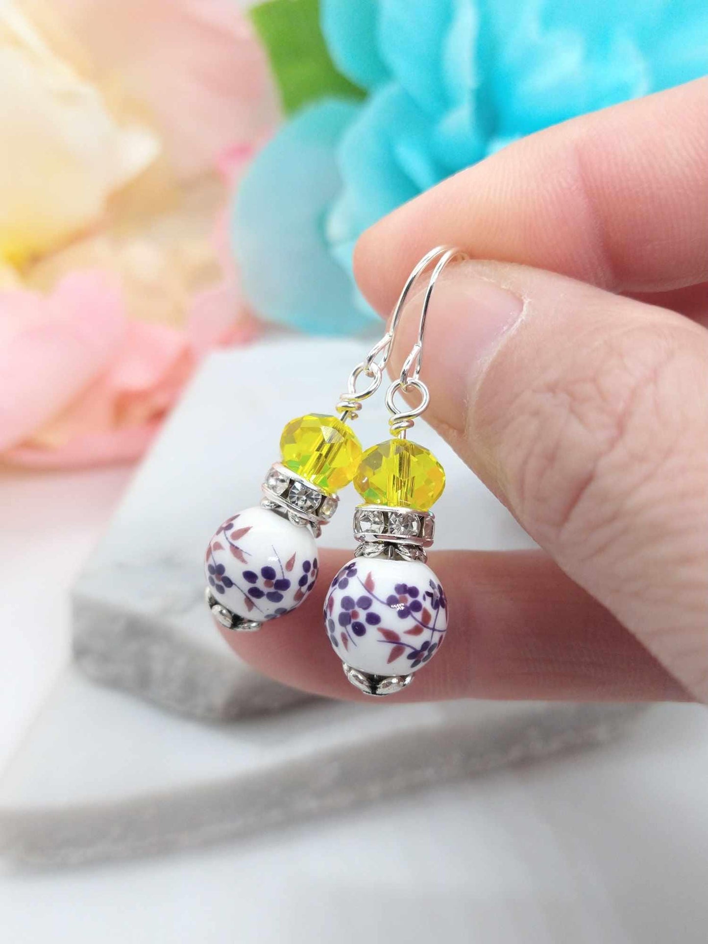 Floral Dangle Earrings: Porcelain Flower, Sterling Silver Option