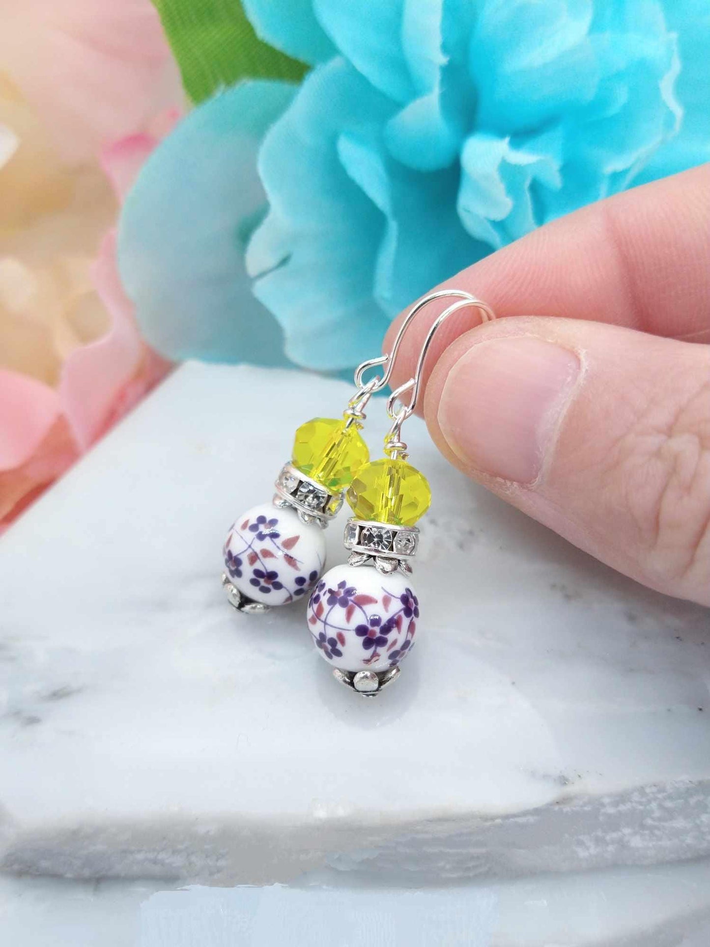 Floral Dangle Earrings: Porcelain Flower, Sterling Silver Option