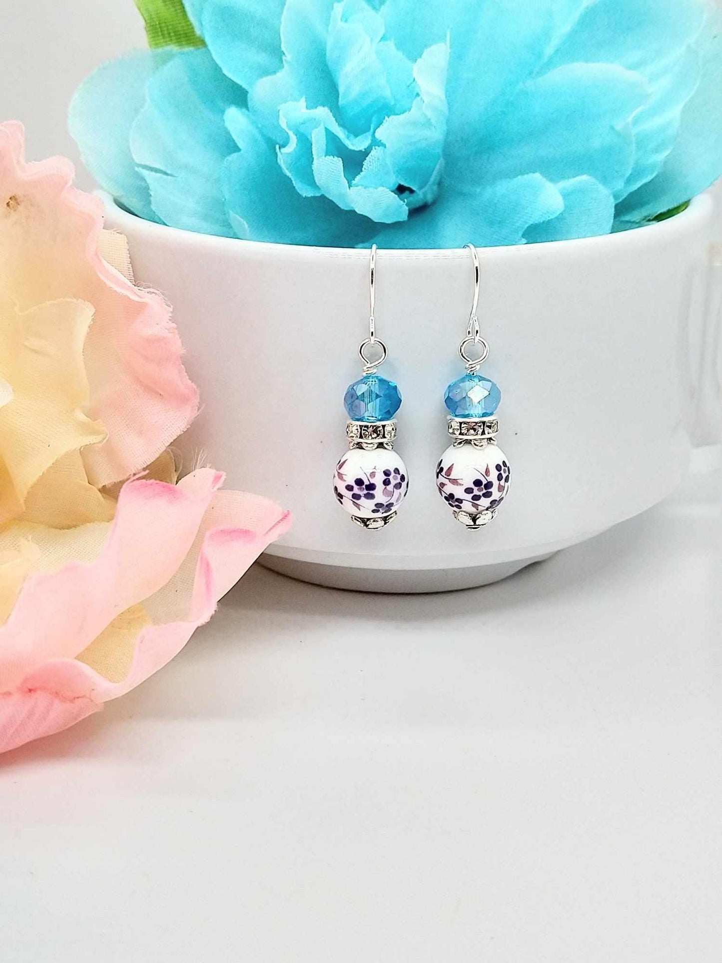 Lilac Porcelain Bead Dangle Earrings: Sterling Silver Floral Jewelry