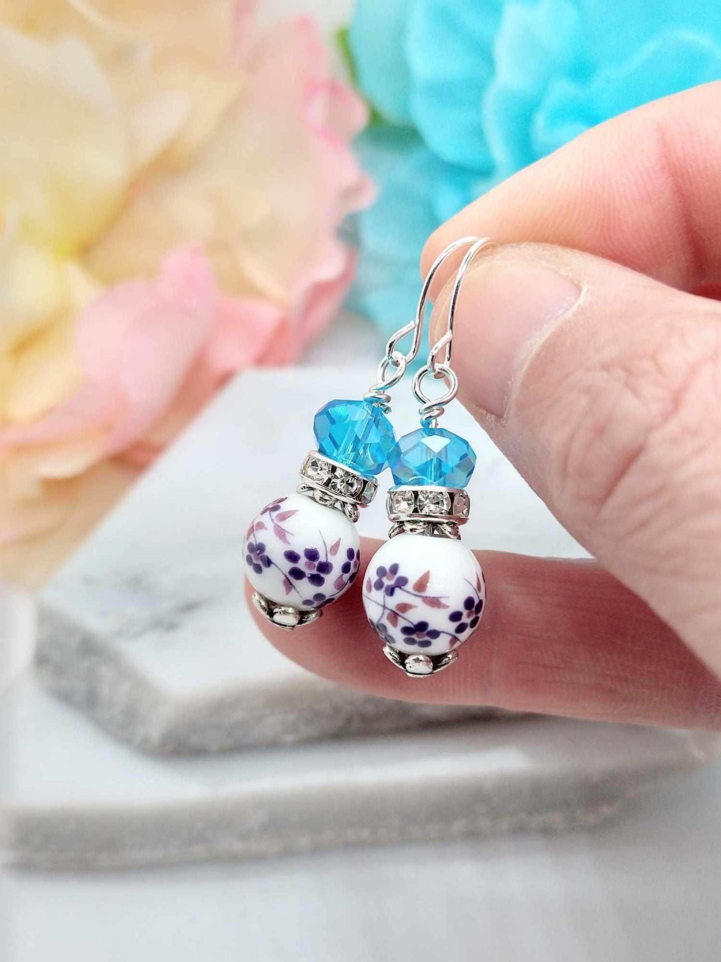 Lilac Porcelain Bead Dangle Earrings: Sterling Silver Floral Jewelry