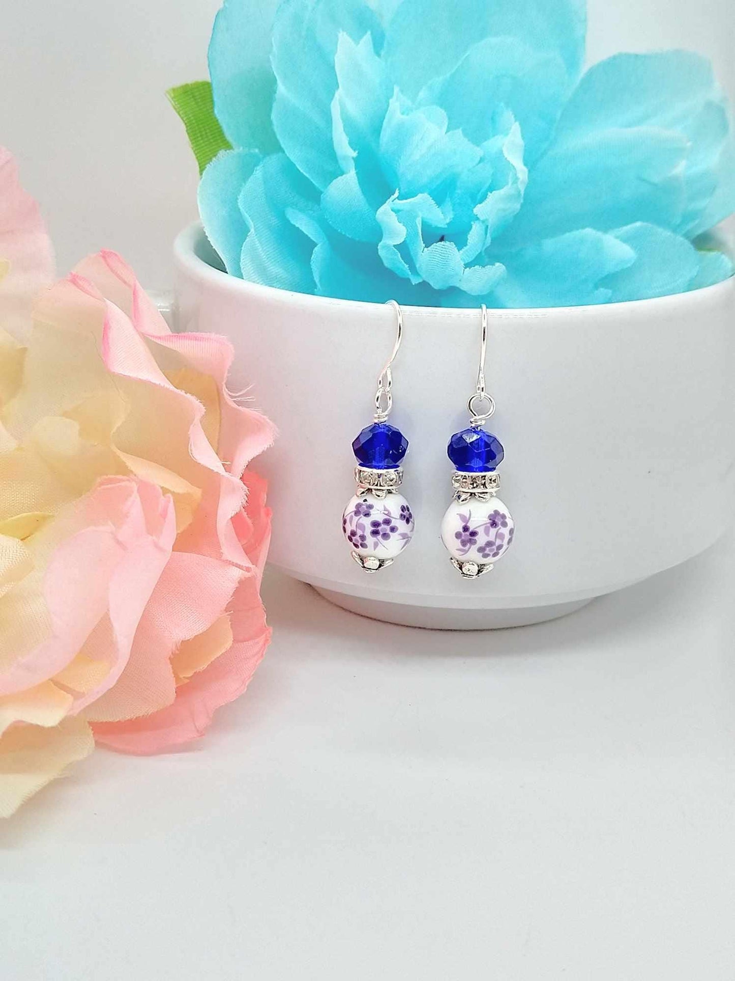 Lilac Flower Dangle Earrings: Porcelain Floral Silver-Plated Jewelry