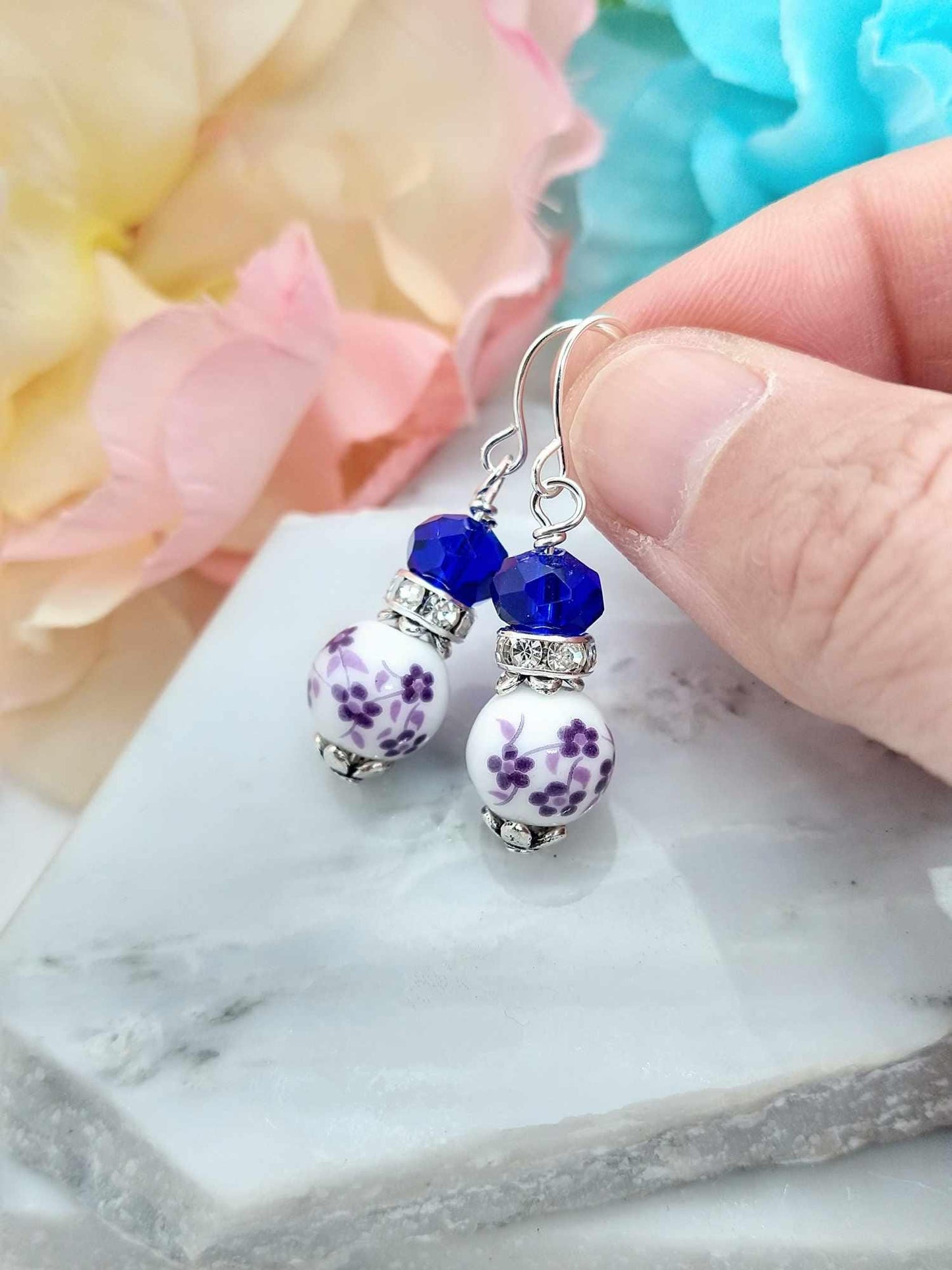 Lilac Flower Dangle Earrings: Porcelain Floral Silver-Plated Jewelry