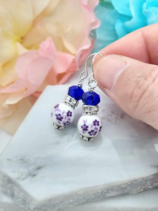 Lilac Flower Dangle Earrings: Porcelain Floral Silver-Plated Jewelry