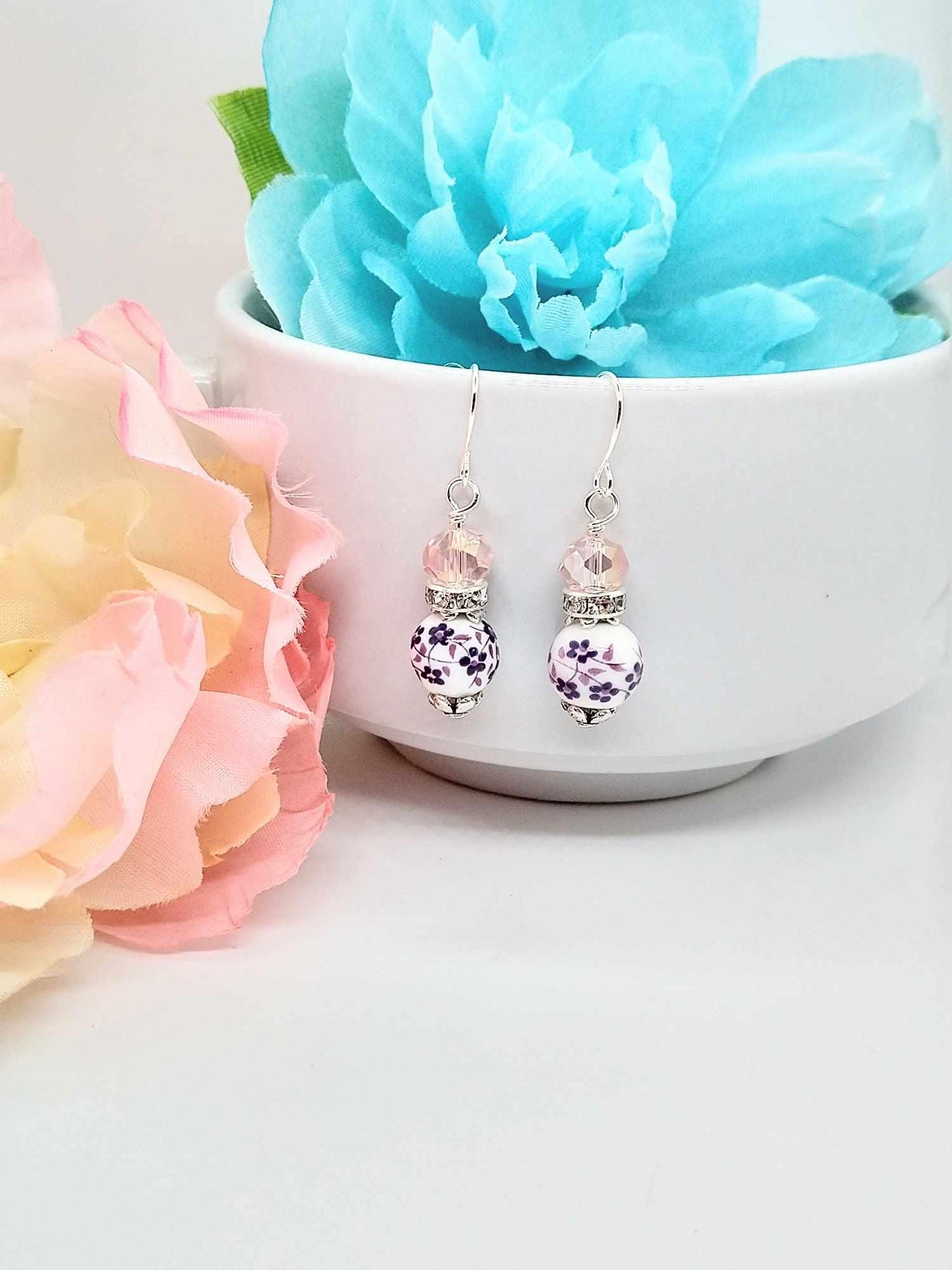 Lilac Flower Dangle Earrings: Porcelain & Sterling Silver