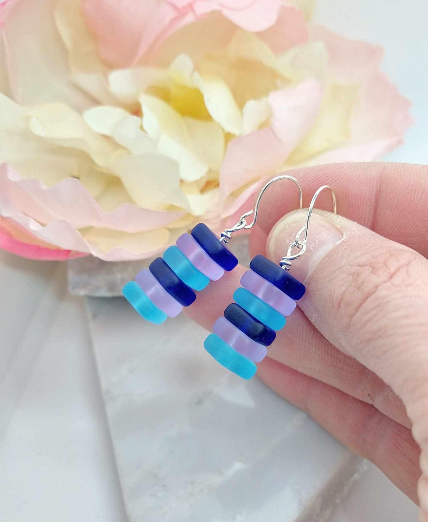 Blue Sea Glass Dangle Earrings: Sterling Silver Bohemian Jewelry