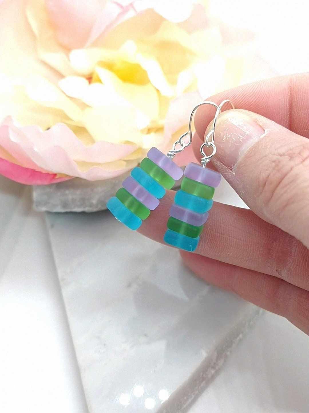 Blue Sea Glass Dangle Earrings: Sterling Silver Bohemian Earrings