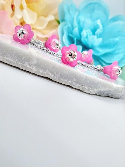 Handmade Pink Flower Charm Bracelet: Boho Floral Jewelry