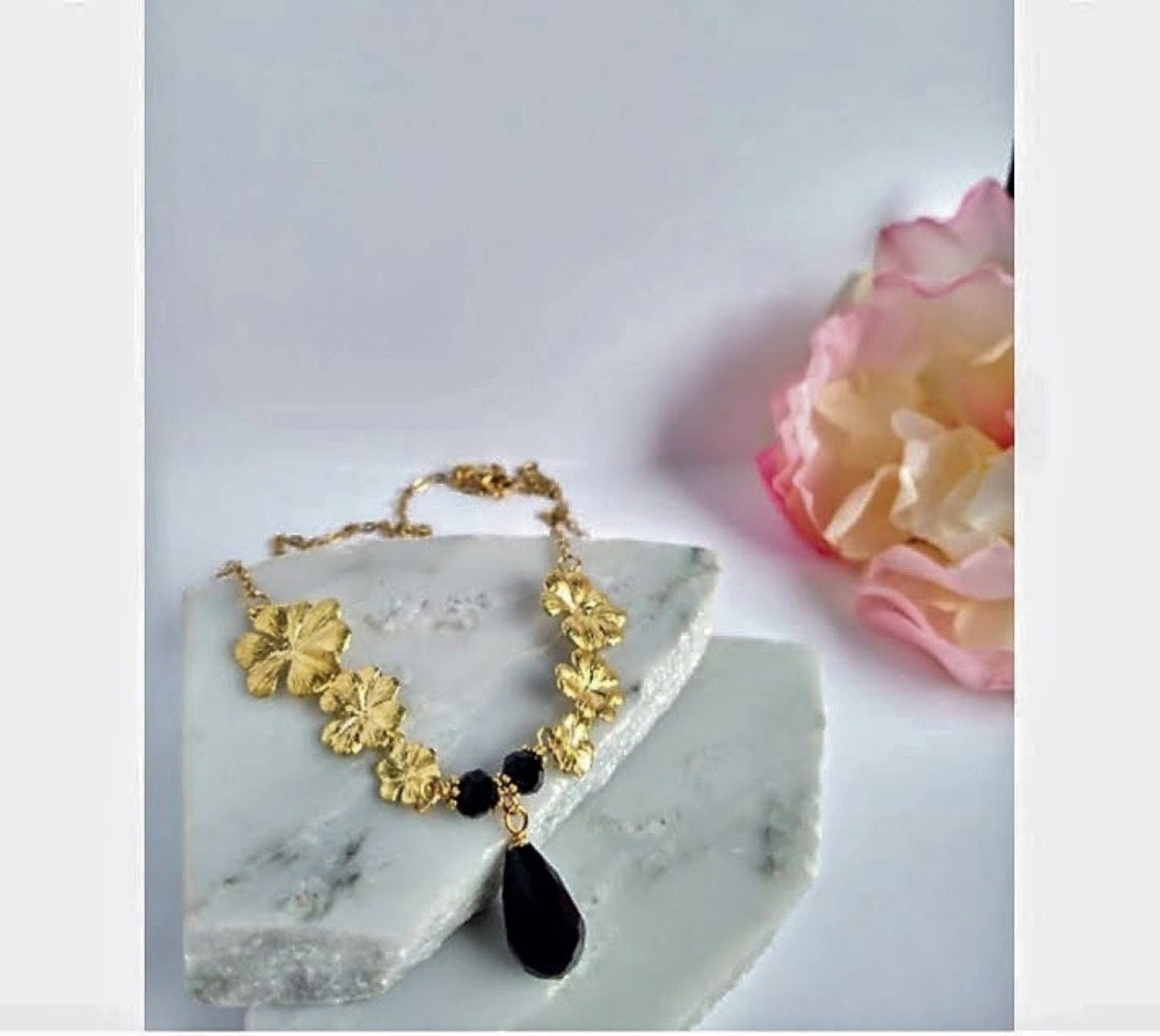 Gold Plumeria Flower Necklace: Black Onyx Gemstone Bridal Jewelry