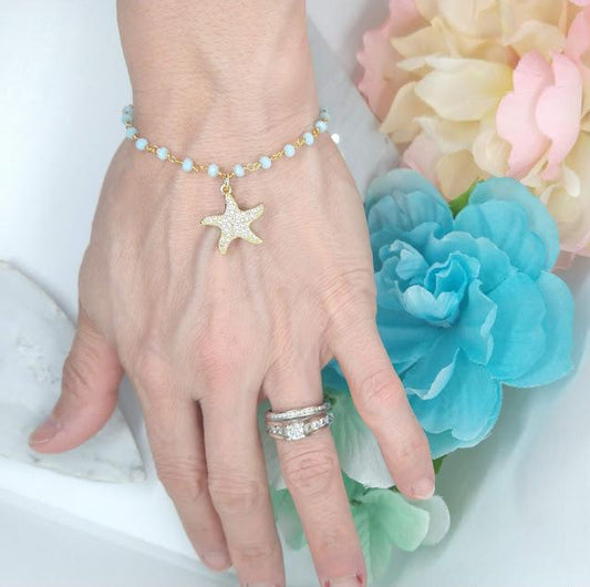 Gold Starfish Charm Bracelet: Beaded Gemstone, Beachy Jewelry