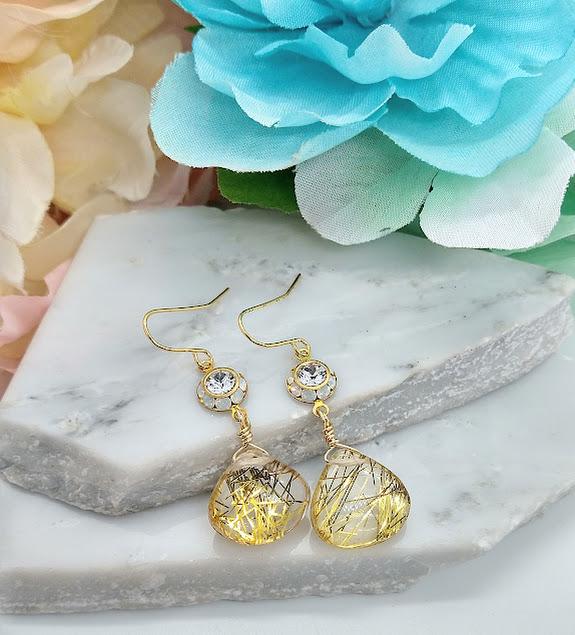 14k Gold Vermeil Rutilated Quartz Teardrop Earrings with Crystal