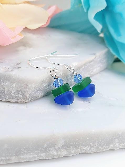 Dainty Sea Glass Earrings: Sterling Silver, Blue & Green Ocean Baubles