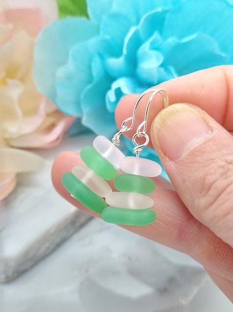 Pink & Green Sea Glass Earrings: Sterling Silver Dangle Earrings