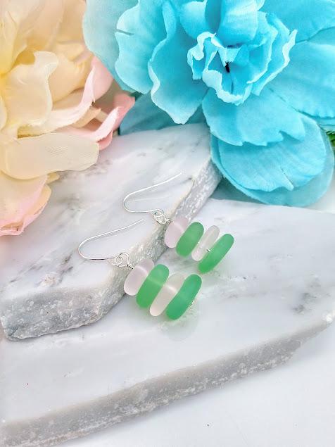 Pink & Green Sea Glass Earrings: Sterling Silver Dangle Earrings