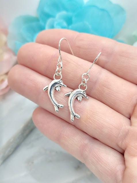 Dolphin Charm Earrings: Sterling Silver, Beach Wedding Jewelry