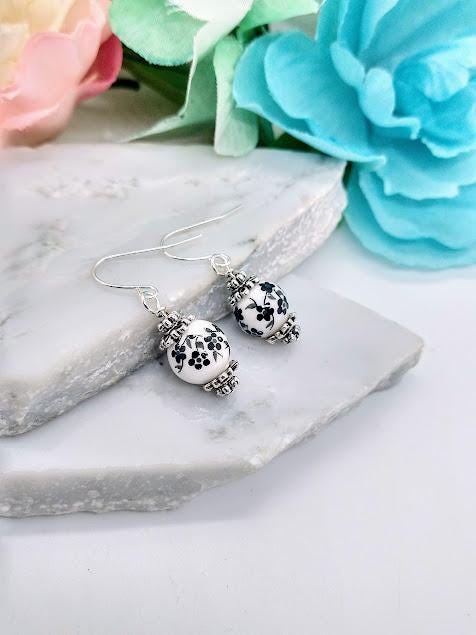 Black Flower Dangle Earrings: Silver Plated Floral Jewelry