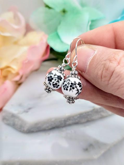 Black Flower Dangle Earrings: Silver Plated Floral Jewelry