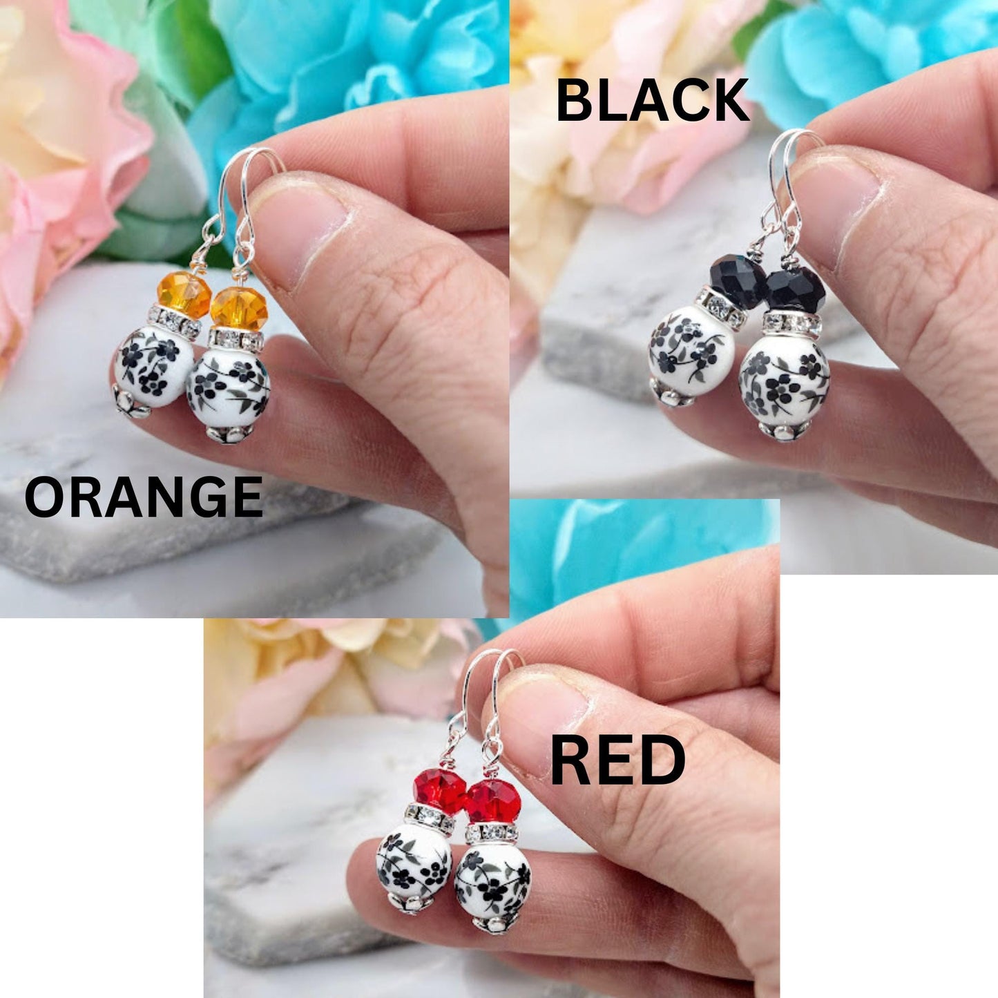 Black Flower Dangle Earrings: Sterling Silver, Purple Glass Beads