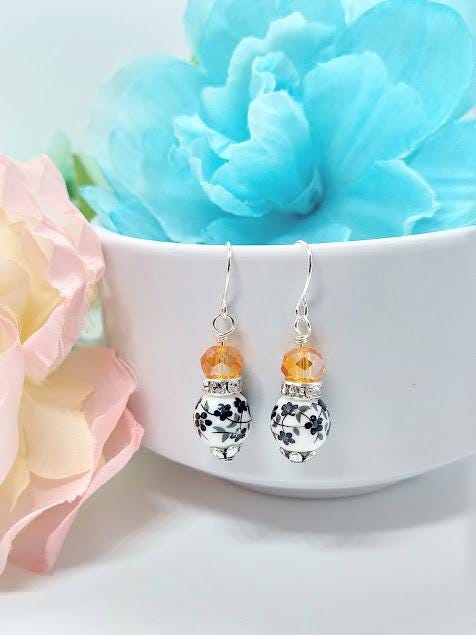 Black Flower Dangle Earrings: Halloween Floral Jewelry, Silver or Sterling Silver