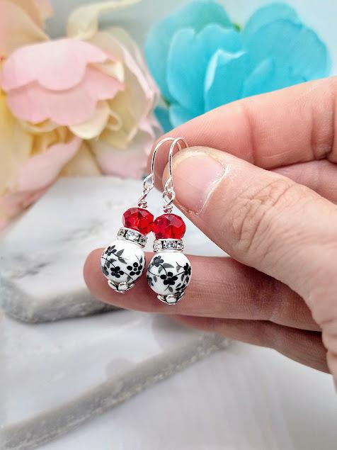 Black Flower Dangle Earrings: Red Glass Bead, Sterling Silver