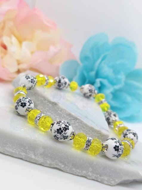 Handmade Black Flower Bracelet: Yellow Glass Beaded Floral Jewelry