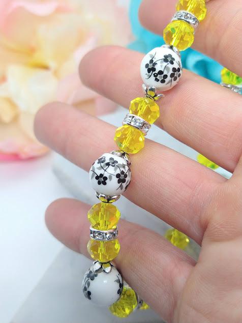 Handmade Black Flower Bracelet: Yellow Glass Beaded Floral Jewelry