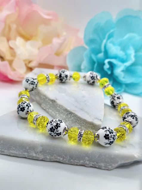 Handmade Black Flower Bracelet: Yellow Glass Beaded Floral Jewelry