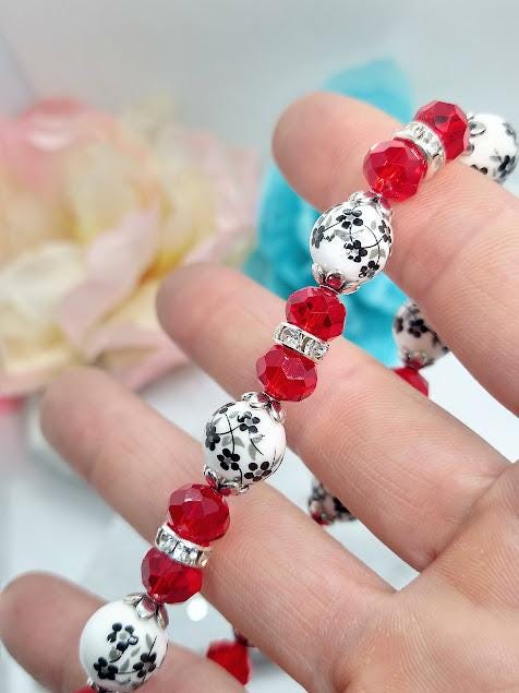 Handmade Black Flower Bracelet: Red Glass Beaded Floral Jewelry