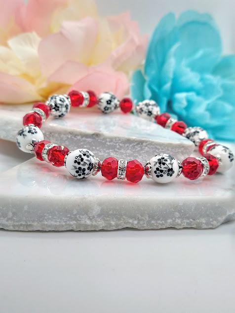 Handmade Black Flower Bracelet: Red Glass Beaded Floral Jewelry