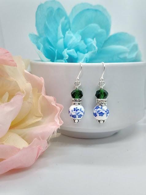 Blue Floral Earrings: Sterling Silver Dangle Earrings with Green Accents