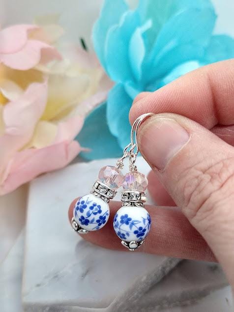 Blue Floral Dangle Earrings: Silver Plated Brass, Glass Stone