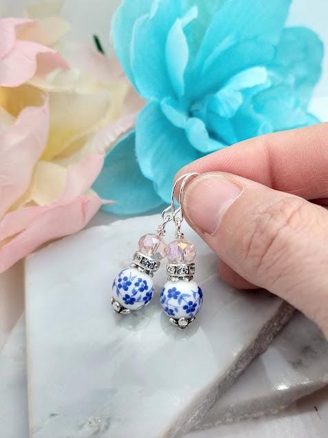 Blue Floral Dangle Earrings: Silver Plated Brass, Glass Stone