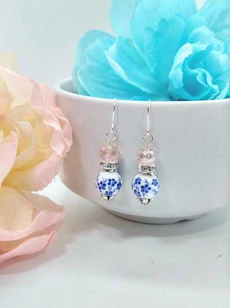 Blue Floral Dangle Earrings: Silver Plated Brass, Glass Stone