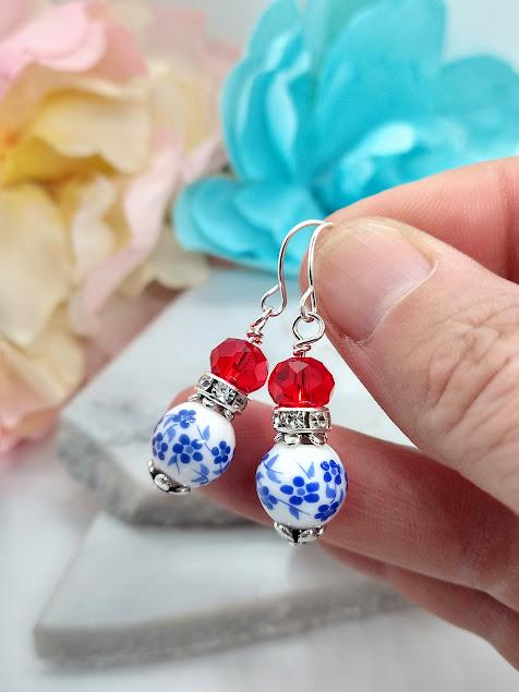 Blue Floral Dangle Earrings: Silver Plated Brass, Red Accents