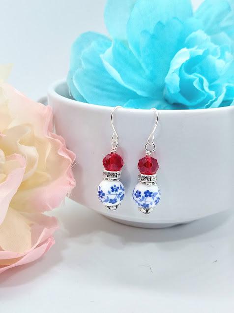 Blue Floral Dangle Earrings: Silver Plated Brass, Red Accents
