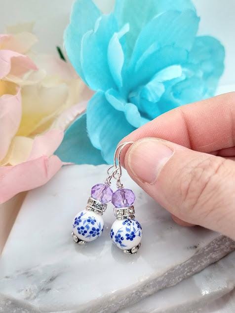 Blue Floral Dangle Earrings: Silver Plated Brass, Purple Accents
