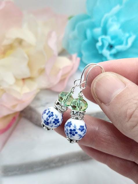 Blue Floral Dangle Earrings: Silver Plated, Green Accents