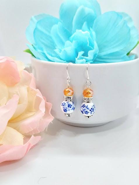 Blue Floral Dangle Earrings: Silver Plated, Orange Accent